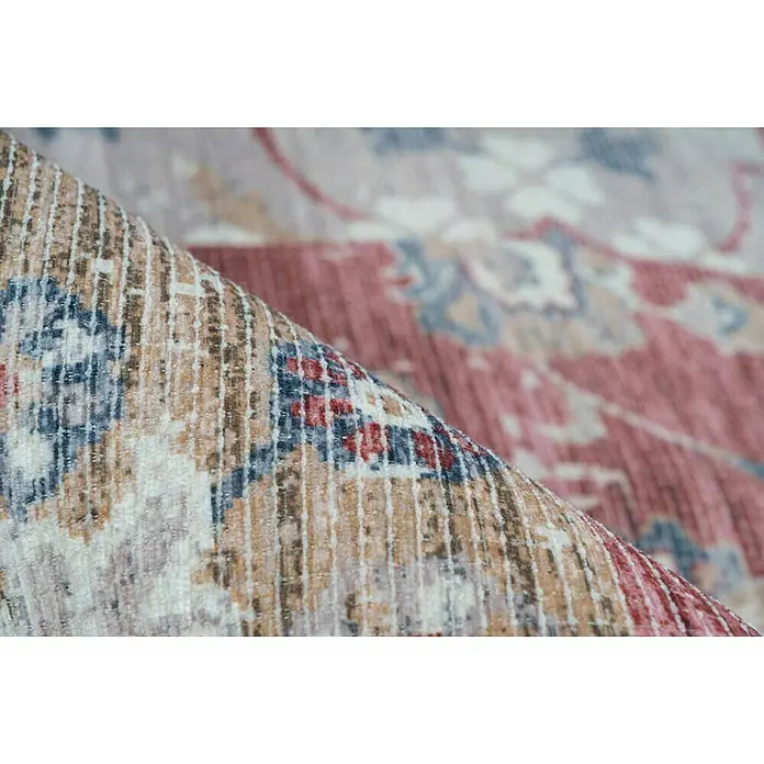 Kayoom Kurzflorteppich Indiana - Multi, 170 x 120 cm, 100 % Baumwolle - Detailaufnahme eines gemusterten Teppichs in warmen Farbtönen, der eine gemütliche und stilvolle Atmosphäre verspricht.