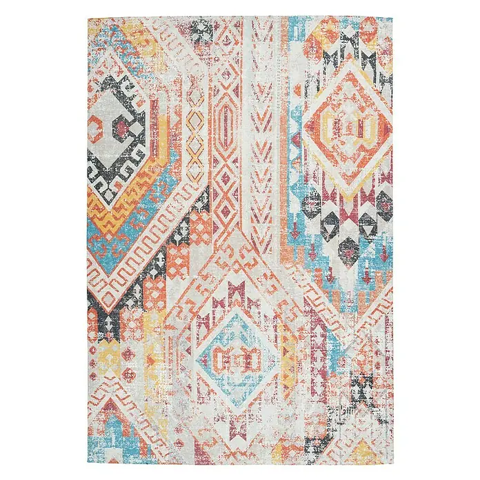 Kayoom Kurzflorteppich Indiana - Bunt, 150 x 80 cm, 100 % Baumwolle - Ein auffälliger Teppich mit einem bunten, geometrischen Muster und einem Used-Look-Design für einen modernen Touch.