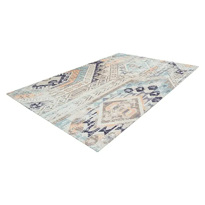 Kayoom Kurzflorteppich IndianaMulti/Blau, 230 x 160 cm, 100 % Baumwolle - Dieser rechteckige Teppich zeigt ein buntes, abstraktes Muster mit ethnischen Einflüssen und verleiht jedem Raum einen Hauch von Bohème-Stil.