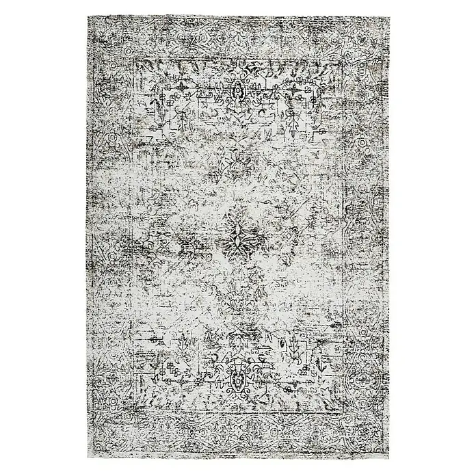 Kayoom Kurzflorteppich Iglesia - Anthrazit, 150 x 80 cm, 100 % Polyester - Grauer Teppich mit orientalischem Muster. Der Teppich hat ein verwaschenes Aussehen und ist rechteckig.