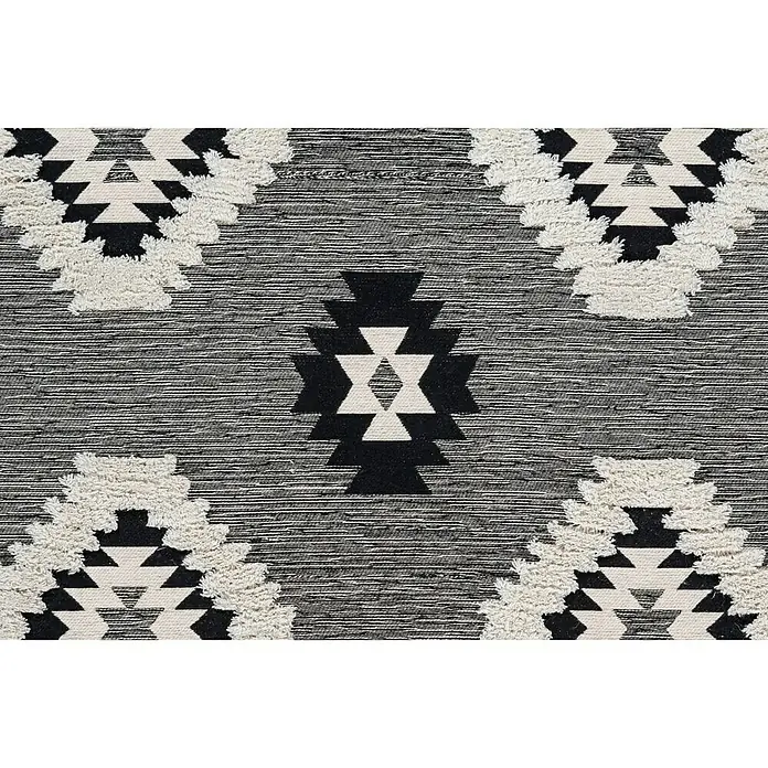 Kayoom Flachgewebeteppich Ethnie - Grau, 290 x 200 cm, 100 % Baumwolle - Nahaufnahme eines schwarz-weißen Teppichs mit geometrischen Mustern. Ein dekorativer Akzent für jeden Raum.