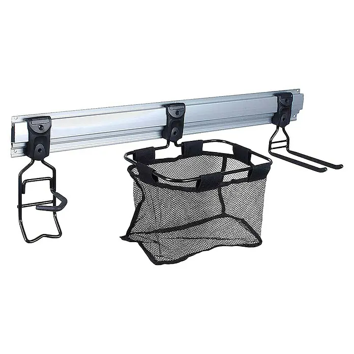 Simonrack Simonhome Aparcamiento de bicicletas - L x An x Al: 82 x 215 x 125 cm, Acero, Montaje en la pared - Una barra colgante plateada con una cesta de malla y dos soportes para herramientas, perfecta para el garaje.