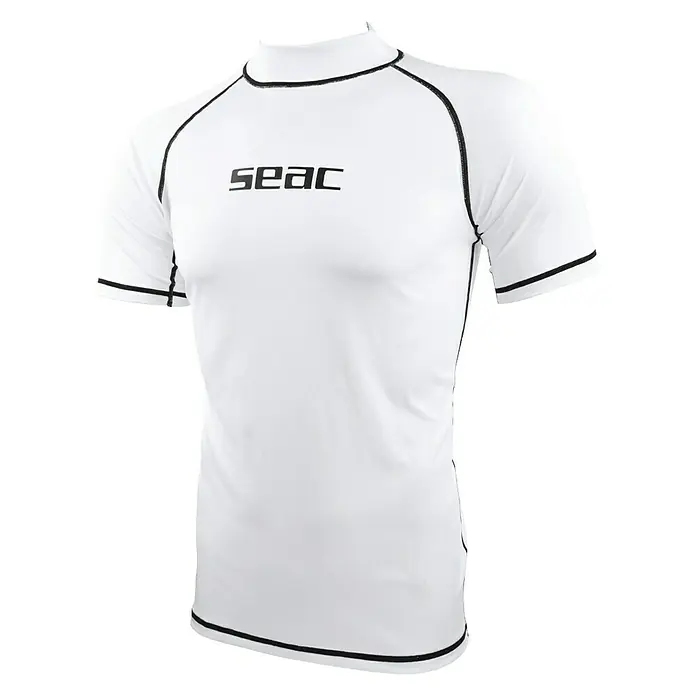 Seac Sub Camiseta térmica T-Sun Short - XXXL, Blanco/Negro, Apto para: Caballeros - Camiseta blanca de manga corta SEAC Rash Guard con detalles negros en cuello, mangas y bajo, ideal para deportes acuáticos.