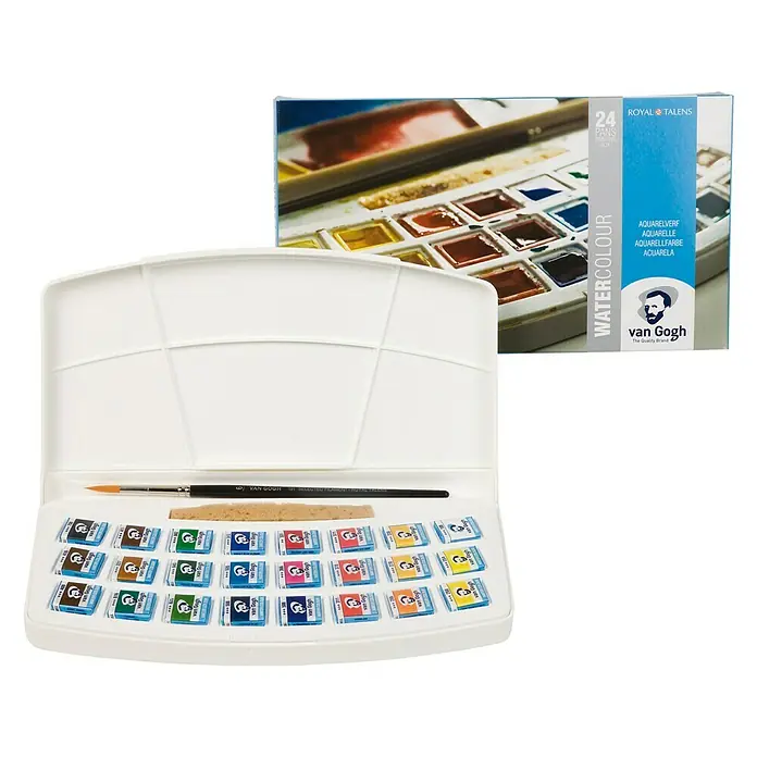 Talens Van Gogh Set de acuarelas 20HP8624 - Multicolor, 24 ud. x 10 ml - Una caja de pintura a la acuarela Van Gogh con 24 colores, pincel y paleta de mezcla, ideal para artistas y aficionados.