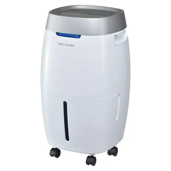 PR Klima Deshumidificador eléctrico - 650 W, Potencia de deshumidificación: 40 l/día, L x An x Al: 36 x 36 x 61 cm, Blanco, Negro - Deshumidificador Pro Klima blanco con tapa gris y ruedas para facilitar el transporte, ideal para reducir la humedad.