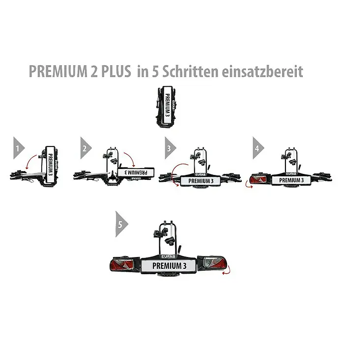 Eufab Fahrradträger Premium III - Geeignet für: 3 Fahrräder, Traglast: 60 kg - Premium 2 Plus Fahrradträger in 5 Schritten einsatzbereit. Anleitung zur einfachen Montage und Nutzung des Fahrradträgers.