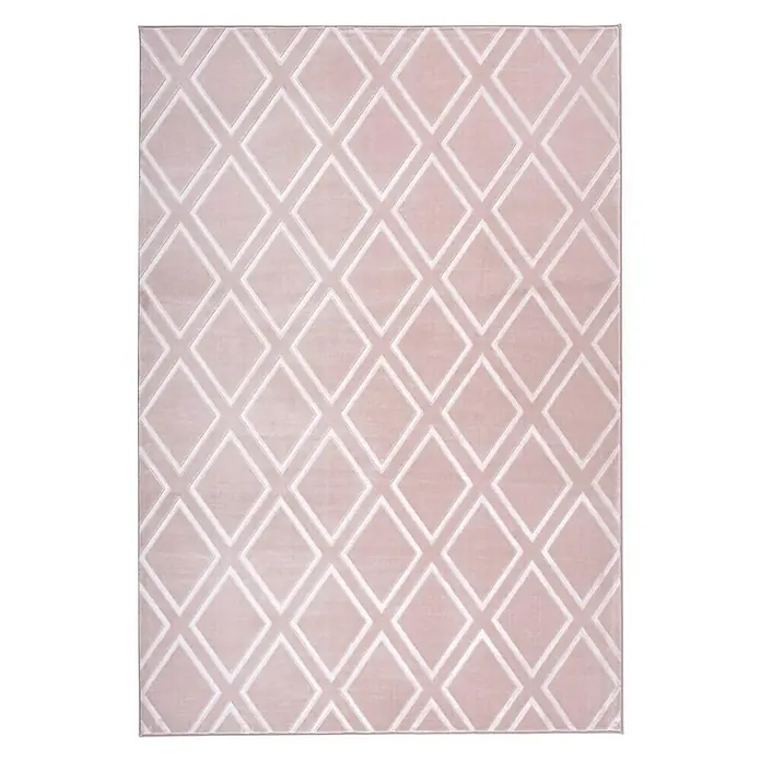 Kayoom Kurzflorteppich Monroe III - Rosa, 150 x 80 cm, 100 % Polyester - Elegante Nahaufnahme eines rosafarbenen Teppichs mit einem modernen, geometrischen Rautenmuster, das einen Hauch von Luxus und Stil vermittelt.