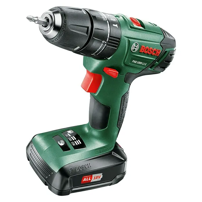 Bosch Taladro atornillador percutor de batería PSB 1800-Li - 18 V, 1 batería, 1,5 Ah, 38 Nm - Taladro inalámbrico Bosch, modelo PSB 1800 LI-2, con cuerpo verde, mandril negro y gatillo rojo, apto para aplicaciones de perforación versátiles.