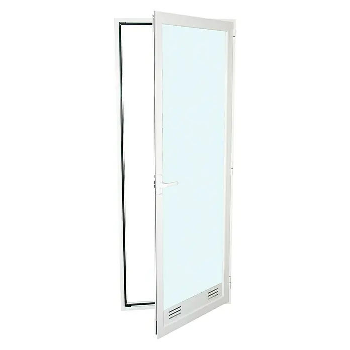 Solid Elements Balconera practicable de aluminio - 90 x 200 cm, Derecha, Blanco - Una hoja de puerta blanca abierta con inserto de vidrio y manija, ideal para interiores modernos, que ofrece luminosidad y facilidad de acceso.