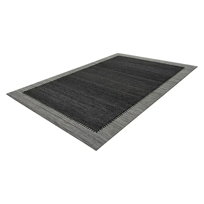 Kayoom Flachgewebeteppich Phoenix - Anthrazit/Grau, 150 x 80 cm, 75 % Wolle - Ein rechteckiger Teppich mit einem dunklen Mittelteil und einem helleren Rand auf einem schwarzen Hintergrund.