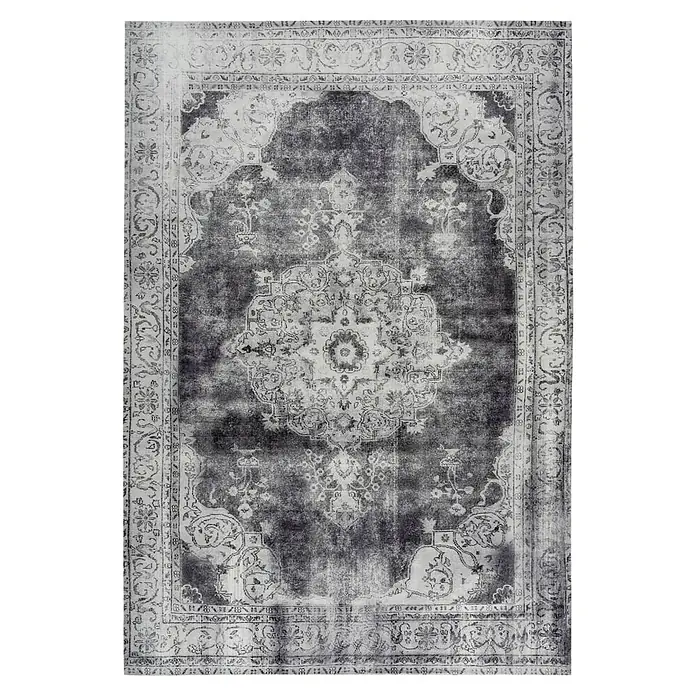 Kayoom Kurzflorteppich Vintage - Grau, 290 x 200 cm, 100 % Polyacryl - Grauer Teppich mit traditionellem orientalischem Muster und dekorativem Bordüren-Design für stilvolle Wohnräume.