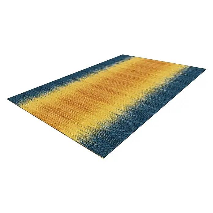Kayoom Wollteppich Sunset - Gelb/Blau, 180 x 120 cm, 80 % Neuseeland-Wolle, 20 % Baumwolle - Ein rechteckiger Teppich mit einem Farbverlauf von Blau zu Gelb, der eine moderne und stilvolle Note verleiht. Perfekt für jeden Raum.