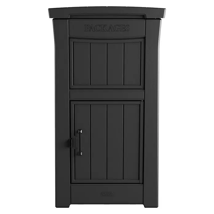 Keter Garten-Aufbewahrungsbox Paketbox ParcelDropBox - 62,1 x 62,1 x 112 cm, Grau - Schwarzer Paketbriefkasten mit aufgedrucktem "PACKAGES"-Schriftzug für eine sichere und wettergeschützte Paketaufbewahrung.