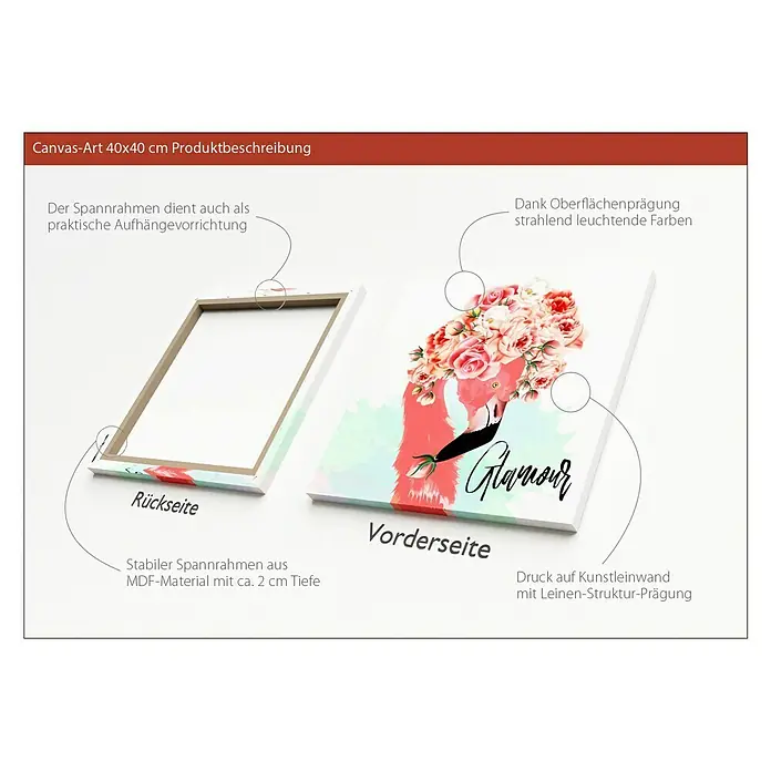 ProArt Leinwandbild - Glamour Flamingo, B x H: 40 x 40 cm - Leinwandbild 40x40 cm mit einem Flamingo und dem Schriftzug "Glamour", Rückseite mit Aufhängevorrichtung und stabilem Spannrahmen aus MDF-Material.