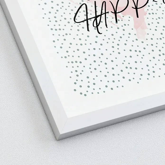 ProArt Bild - Do and Happy, B x H: 33 x 43 cm - Nahaufnahme eines gerahmten Kunstwerks mit dem Wort "Happy", verziert mit Punkten und einem rosa Farbtupfer, perfekt für moderne Dekorationen.