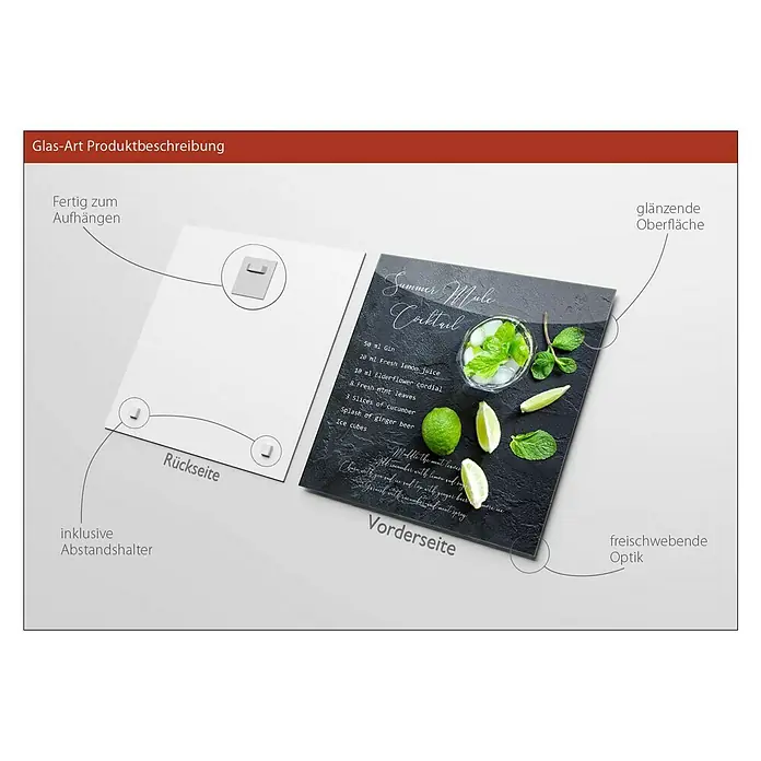 ProArt Glasbild - Limette, B x H: 20 x 20 cm - Glas-Art Produktbeschreibung: Das Bild zeigt eine Glasplatte mit einem Rezept für einen "Summer Mule Cocktail", inklusive Montageanleitung.