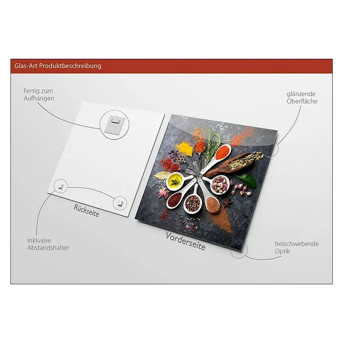 ProArt Glasbild - Spicery I, B x H: 30 x 30 cm - Produktbeschreibung für eine Glas-Art Wanddekoration mit Gewürzen, die eine glänzende Oberfläche und eine freischwebende Optik bietet.