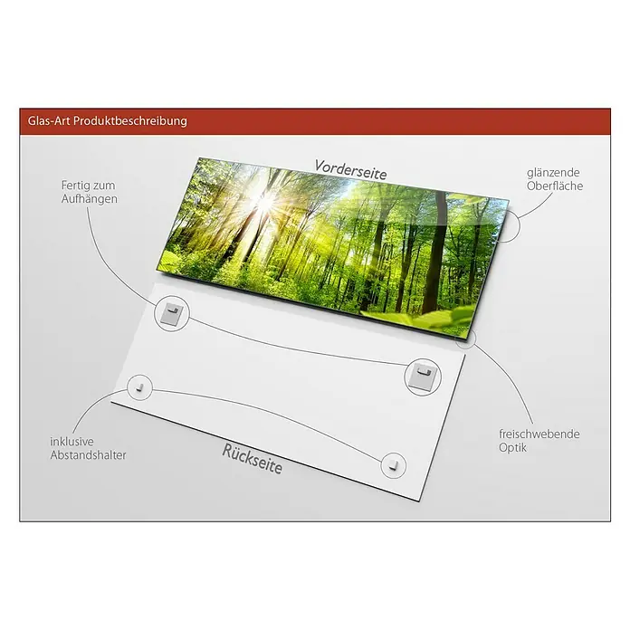 ProArt Glasbild - Towards the Sun, B x H: 125 x 50 cm - Produktbeschreibung eines Glasbildes, das die Vorder- und Rückseite des Artikels hervorhebt. Bereit zum Aufhängen mit glänzender Oberfläche.