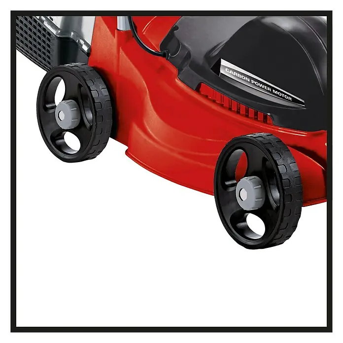 Einhell Elektro-Rasenmäher GC-EM 1030/1 - 1.000 W, Schnittbreite: 30 cm - Detailaufnahme eines roten Rasenmähers mit schwarzen Rädern und der Aufschrift "Carbon Power Motor".
