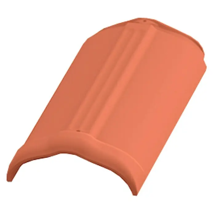 BHS Madrid Teja caballete circular - L x An: 43 x 23 cm, Rojo - Primer plano de una sola teja de arcilla naranja con forma curva y nervio elevado.