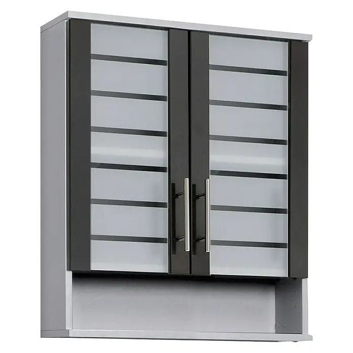 Schildmeyer Niko Oberschrank - 60 x 20,5 x 70 cm, Silber/Anthrazit - Grauer Küchenschrank mit zwei Glastüren und dunklen Rahmen. Die Griffe sind aus Edelstahl.