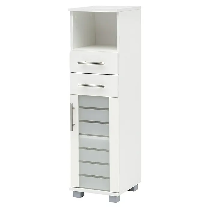 Schildmeyer Niko Highboard HBA300 - 30 x 32,5 x 110,5 cm, Perlweiß - Ein weißer Badezimmerschrank mit zwei Schubladen, einem offenen Fach und einer Tür mit Milchglas und geraden grauen Linien.