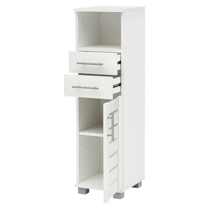 Schildmeyer Niko Highboard HBA300 - 30 x 32,5 x 110,5 cm, Perlweiß - Dieser weiße Badezimmerschrank bietet mit Schubladen und Regalen praktischen Stauraum. Perfekt für jedes Badezimmer.