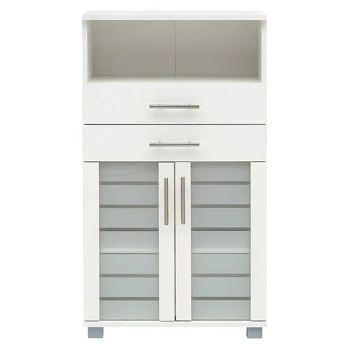 Schildmeyer Niko Highboard - B x T x H: 60 x 32,6 x 110,5 cm, Perlweiß - Weißes Sideboard mit offenen Fächern, Schubladen und Glastüren zur Aufbewahrung von Geschirr und anderen Gegenständen.