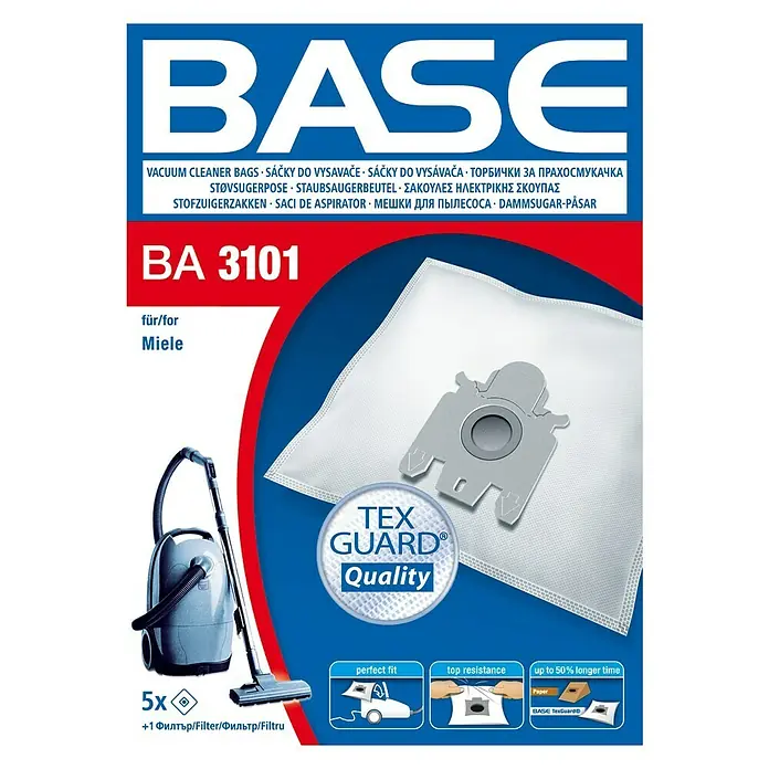 Base Staubsaugerbeutel BA 3101 - 5 Stk., Passend für: Miele Staubsauger - BASE BA 3101 Staubsaugerbeutel für Miele Staubsauger, 5 Stück plus 1 Filter, mit Tex Guard Qualität für hohe Staubfilterung.