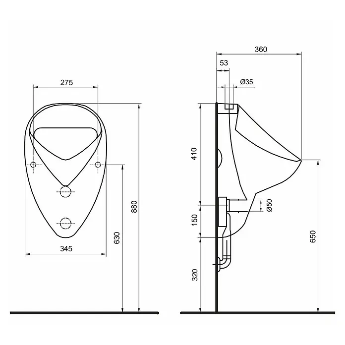 Camargue Sydney Urinal-Komplettset - Unbeschichtet, Zulauf: Oben, Farbe: Weiß - Technische Zeichnung eines Urinals mit Maßangaben zu Design und Installation.