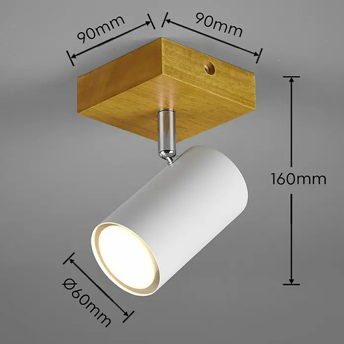 Trio Leuchten Marley Deckenstrahler - 15 W, L x B x H: 12 x 9 x 16 cm, Weiß/Holz, GU10, 1 Stk. - Deckenleuchte mit Holzsockel und weißem Strahler, Maße: 90 mm x 90 mm Sockel, 60 mm Strahlerdurchmesser, 160 mm Gesamthöhe.