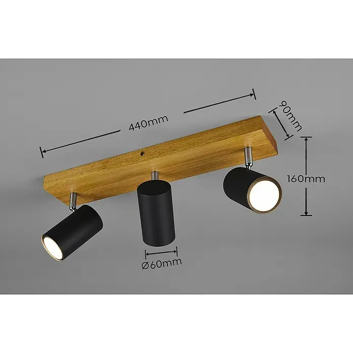 Trio Leuchten Marley Deckenstrahler - 105 W, L x B x H: 9 x 44 x 16 cm, Schwarz, GU10, 3 Stk. - Deckenleuchte mit Holzsockel und drei schwarzen Strahlern. Die Maße sind angegeben: 440mm Länge, 90mm Breite und 160mm Höhe.
