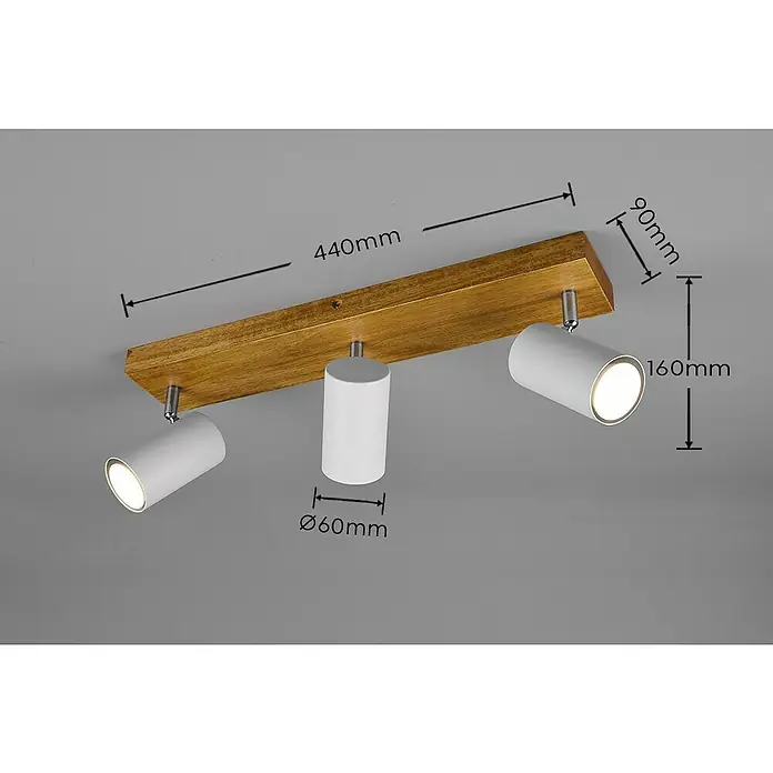 Trio Leuchten Marley Deckenstrahler - 35 W, L x B x H: 44 x 9 x 16 cm, Weiß/Holz, GU10, 3 Stk. - Deckenleuchte mit drei schwenkbaren, weißen Strahlern an einer Holzleiste. Die Maße sind angegeben.