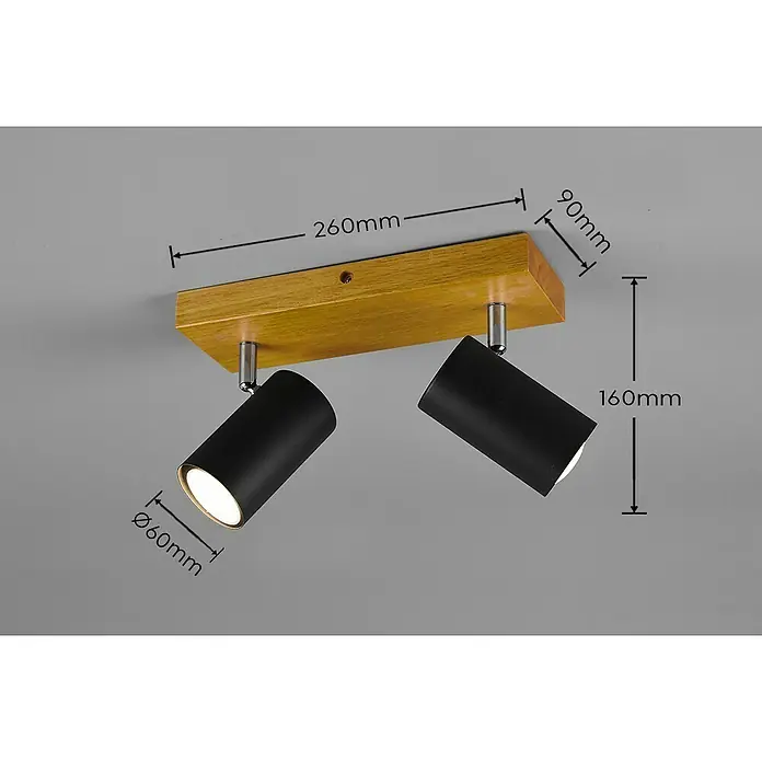 Trio Leuchten Marley Deckenstrahler - 70 W, L x B x H: 9 x 26 x 16 cm, Schwarz, GU10, 2 Stk. - Produktansicht der Holzbalken-Deckenleuchte mit zwei verstellbaren schwarzen Strahlern und Maßangaben für Höhe, Länge und Durchmesser.