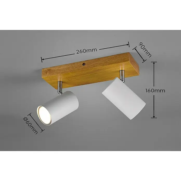 Trio Leuchten Marley Deckenstrahler - 35 W, L x B x H: 9 x 26 x 16 cm, GU10, 2 Stk. - Nahaufnahme einer modernen Deckenleuchte mit zwei schwenkbaren Strahlern und Holzdetails, die die Maße des Produkts hervorheben.