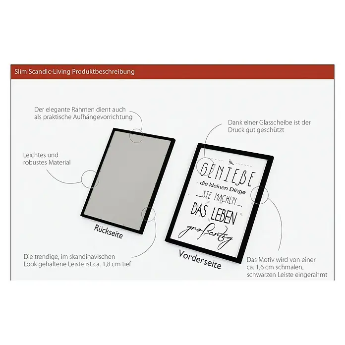 ProArt Bild - Genieße das Leben, B x H: 33 x 43 cm - Elegantes Slim Scandic-Living Produkt, gerahmt mit Aufhängevorrichtung, geschützt durch Glas. Vorder- und Rückseite des Rahmens werden gezeigt.