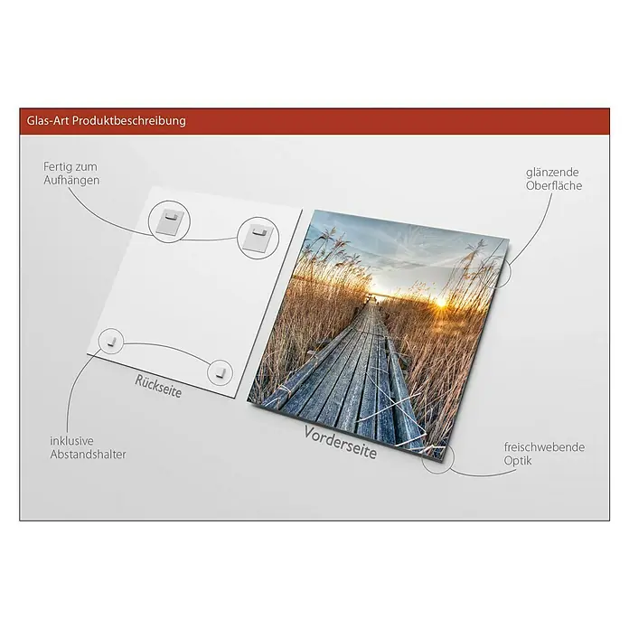ProArt Glasbild - Way to the Sun, B x H: 50 x 50 cm - Glasbild-Produktbeschreibung mit Rückseite, Vorderseite mit Stegmotiv, glänzender Oberfläche und schwebender Optik.