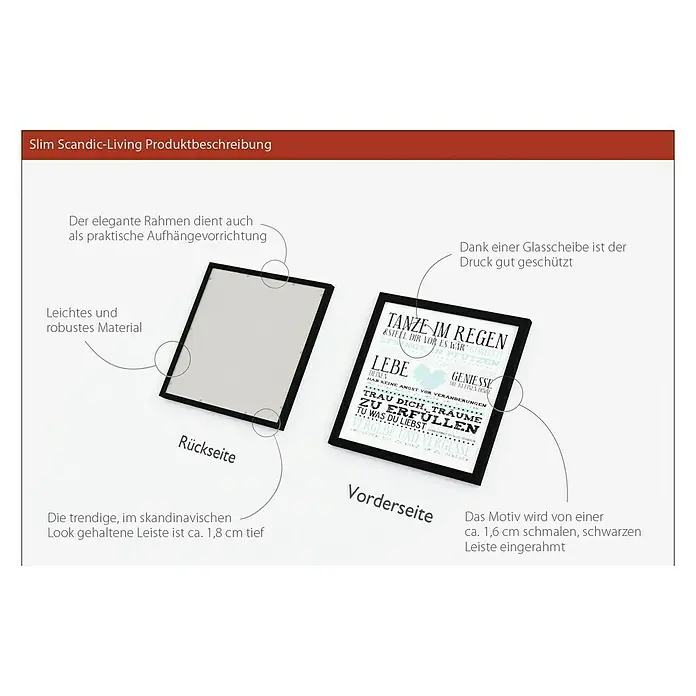 ProArt Bild - Tanze im Regen, B x H: 33 x 33 cm - Produktbeschreibung eines Slim Scandic-Living Bilderrahmens, der sowohl als Aufhängevorrichtung dient als auch durch seine schmale, schwarze Leiste besticht.