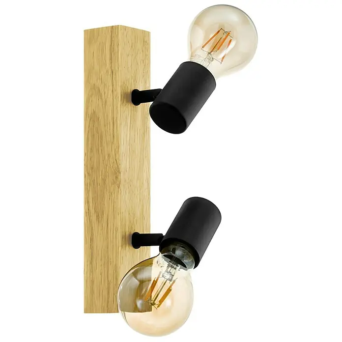 Eglo Townshend 3 Deckenstrahler - 120 W, L x B x H: 30 x 5 x 5 cm, Schwarz, Braun, E27 - Wandleuchte aus Holz mit zwei schwarzen Fassungen und Edison-Glühbirnen für ein warmes Licht.