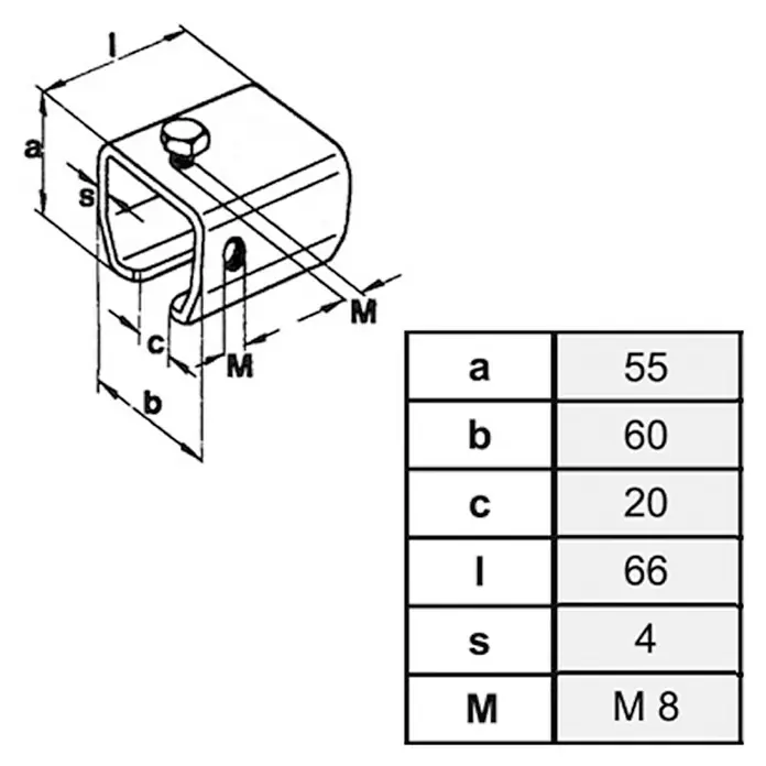 HBS Betz Anschweißmuffe Typ 40 - Länge: 66 mm - Schematische Darstellung eines Rohrklemmsattels mit Bemaßungen und Tabelle mit den zugehörigen Werten.