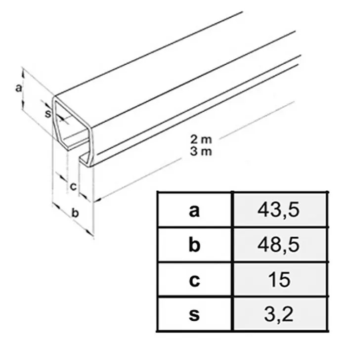 HBS Betz Laufschiene Typ 40 - 300 cm, Traglast: 400 kg, Einsatzbereich: Stallungen - Produktbild eines U-Profils mit den Maßen a=43,5, b=48,5, c=15 und s=3,2 mm sowie einer Länge von 2 oder 3 Metern.