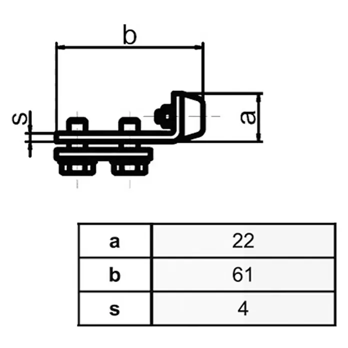 HBS Betz Schienenstopper Typ 10 und 30 - Stahl, Länge: 6,1 cm - Technische Zeichnung eines Montagewinkels mit Bemaßung und Tabelle mit Abmessungen (a=22, b=61, s=4).