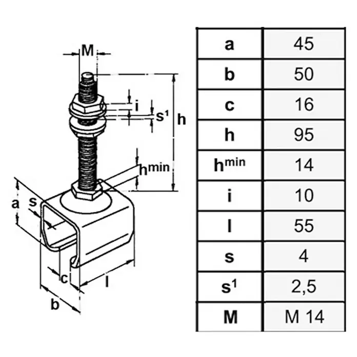 HBS Betz Muffe Typ 30 - Höhenverstellbar, Stahl, Höhe: 140 mm - Technische Zeichnung einer Rohrschelle mit Maßangaben in einer Tabelle.