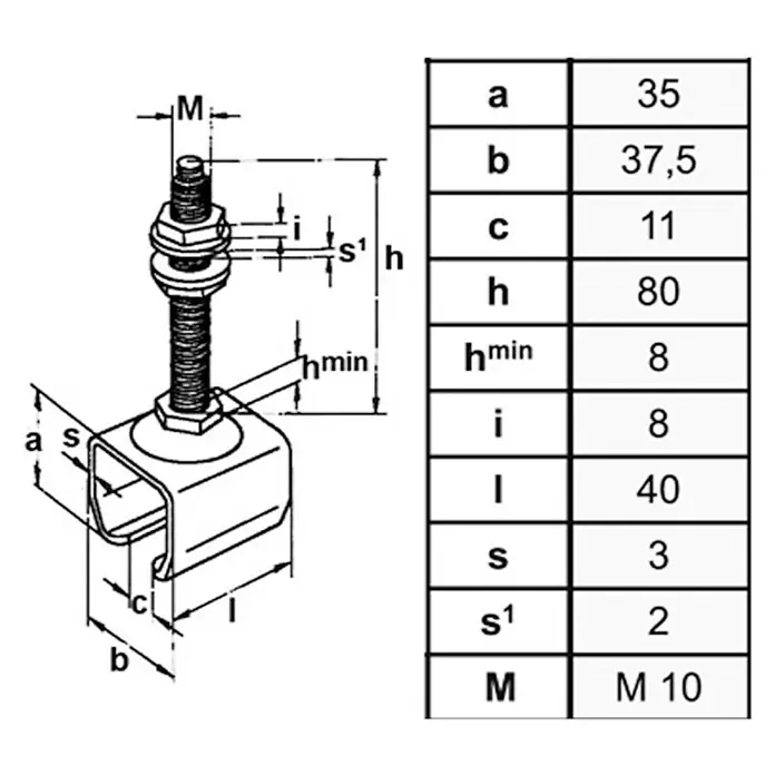 HBS Betz Muffe Typ 10 - Höhenverstellbar, Stahl, Höhe: 123 mm - Schematische Darstellung eines Befestigungselements mit zugehörigen Maßangaben in einer Tabelle für technische Details.