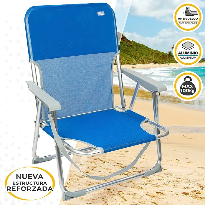 Silla de camping Gomera - 55 x 40 x 72 cm, Azul, Aluminio/Textiline - Silla de camping azul de aluminio con reposabrazos, ideal para la playa o el jardín, con estructura reforzada y alta capacidad de carga.