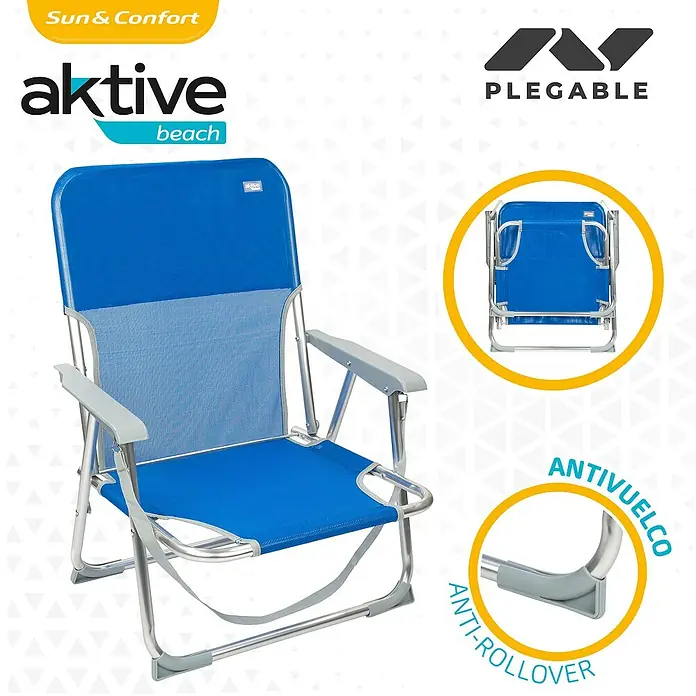 Silla de camping Gomera - 55 x 40 x 72 cm, Azul, Aluminio/Textiline - Silla Aktive Beach: Silla de playa plegable azul con reposabrazos y función antivuelco para confort y seguridad en la playa.