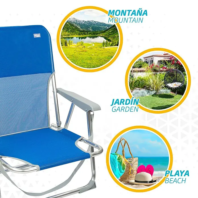 Silla de camping Gomera - 55 x 40 x 72 cm, Azul, Aluminio/Textiline - Imagen de una silla de camping azul, pensada para actividades al aire libre como playa, jardín o montaña. Comodidad y conveniencia combinadas.