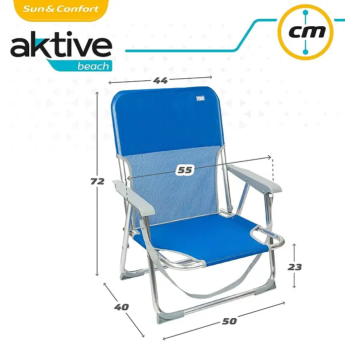 Silla de camping Gomera - 55 x 40 x 72 cm, Azul, Aluminio/Textiline - Imagen de una tumbona azul Aktive Beach con dimensiones en centímetros.