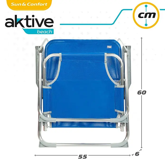 Silla de camping Gomera - 55 x 40 x 72 cm, Azul, Aluminio/Textiline - Imagen de una tumbona de playa Aktive Beach plegada con dimensiones.