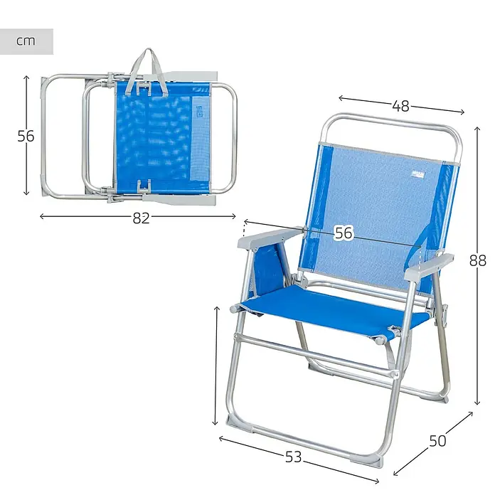 Silla de camping Gomera - 56 x 50 x 88 cm, Azul, Aluminio/Textiline - Dimensiones de la silla plegable azul para exteriores, mostrada plegada y montada.